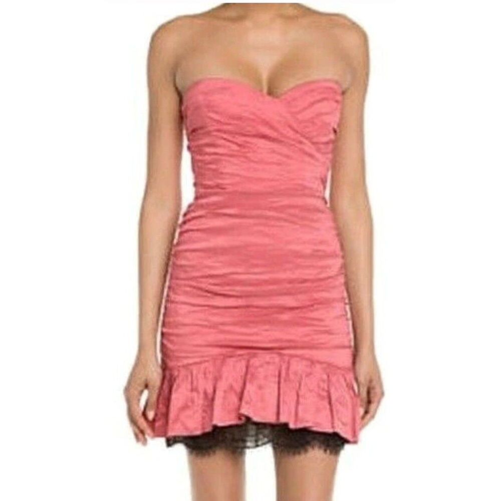 BCBGMAXAZRIA Mini Dress Womens Fleur 0 Coral Pink Ruched Strapless Lace Trim NEW